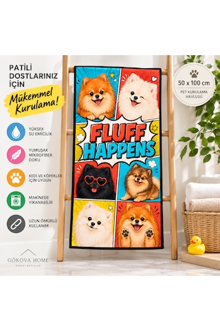 Kedi & Köpek Kurulama Havluları Pomeranian Desenli Hızlı Kuruyan 50x100cm