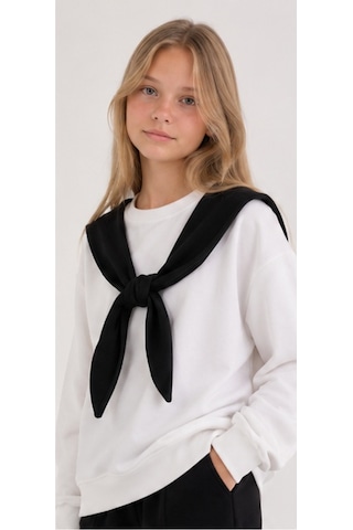 Mila Mood Kız Çocuk Ekru Sweatshirt Siyah Şal Detaylı Bol Paça Pantolon 2 Li Takım Siyah- Beyaz
