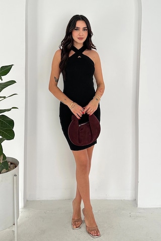 Asprin Fashion Çapraz Yaka Triko Elbise Siyah Siyah
