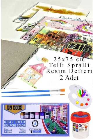 12 Renk Guaj Boya Mydido 25x35 Cm Telli Spralli Resim Defteri Palet Resim Fırçası 15 Yaprak Guajboya Resim Defteri Çok Renkli