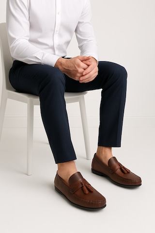 Growish Gr0175 Hakiki Yumuşak Deri Yanık Kahve Saraçlı Püsküllü Rok Erkek Loafer Babet Ayakkabı Koyu Kahverengi