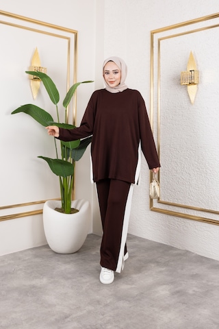 Hira Life Fashion Kadın Efsa Kahverengi Bisiklet Yaka Yanı Şeritli Ve Pantolon Cepli Alt-üst İkili Takım Kahverengi Kahverengi