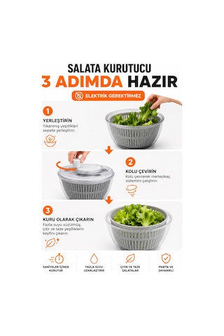 Pratik Salata Kurutucu Manuel Sebze Ve Yeşillik Kurutma Aparatı Büyük Boy Şeffaf Hazneli Çok Renkli