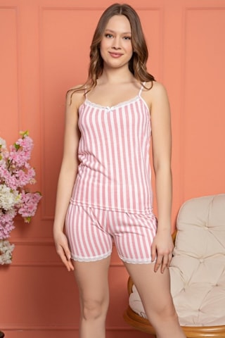 Farya Home Dreamy Secret Dantel Detaylı Biyeli Askılı Şortlu Pijama Takımı Pembe Beyaz Beyaz - Pembe