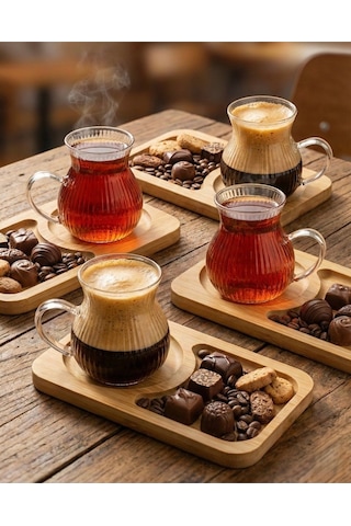 Reoona 6'lı 12parça Bambu Tabaklı Borosilikat Cam Kulplu Bardak 200 Ml Cam Çay Ve Kahve Bardağı Şeffaf