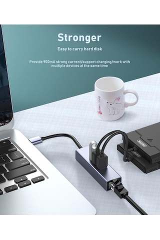 5224 Type C To Usb 3.0 Ethernet Gigabit Rj45 3 Port Hub Çoklayıcı