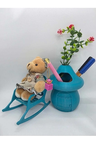 Kalemlik-ayıcık- Turkuaz- Sima Mantar Çiçekli Üç Gözlü Kalemlik Düzenleyici Turkuaz