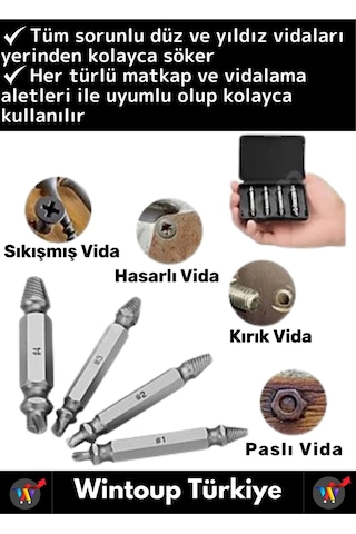 Premium Dayanıklı Matkap Tornavida Uyumlu Hasarlı Paslı Kırık Yamuk Vida Sökme Çıkarma Seti 4'lü Set