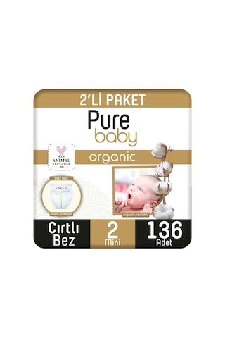 Pure Baby Organik Pamuklu Cırtlı Bez 2'li Paket 2 Numara Mini 136 Adet 2'li