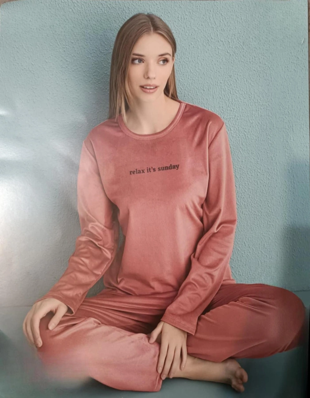 Mihra Kadın Kışlık Bisiklet Yaka Kadife Pijama Takımı 13166p - 1 Adet Pudra