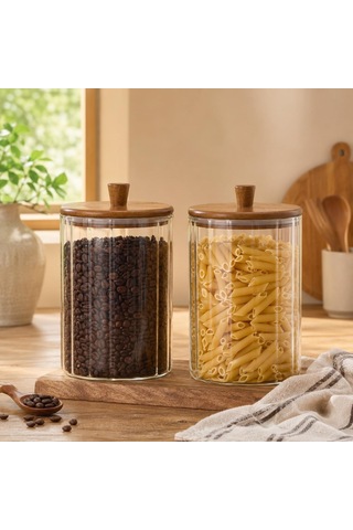 2'li 2260 Ml Borosilikat Cam Kavanoz Seti, Ahşap Kapaklı Büyük Boy Mutfak Saklama Kabı, Kahve, Bakliyat, Makarna, K Çok Renkli