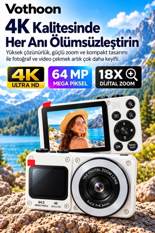 4k Dijital Fotoğraf Makinesi 18x Dijital Zoom 64 Mp Ön Ve Arka Ekranlı Kompakt Kamera Beyaz
