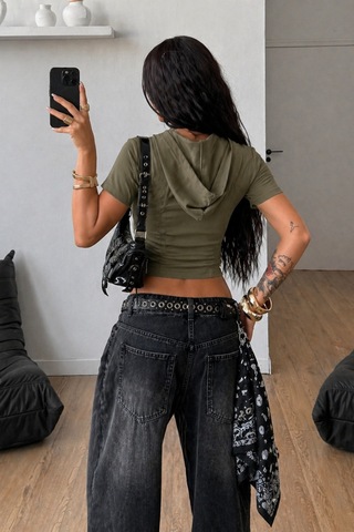 Tarz Cool Kapüşonlu Crop Tişört Fermuarlı Kısa Kollu Kadın Üst Body Haki