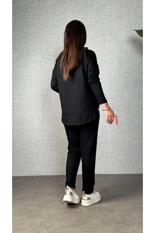 S-pazarım Kadın Uzun Kollu Kapşonlu Bağcıklı Viskon Iki Iplik Bluz Ve Pantolon Ikili Takım Siyah