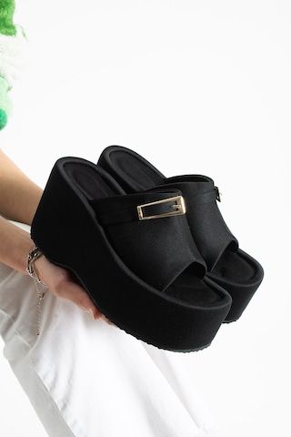 Dabab Shoes Lunara Kadın Siyah 10 Cm Platform Topuk Tokalı Kalın Taban Terlik Sandalet