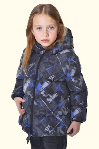 Kız Çocuk Dijital Desen Polar Su Ve Rüzgar Geçirmez Kapüşonlu Şişme Kışlık Mont Siyah