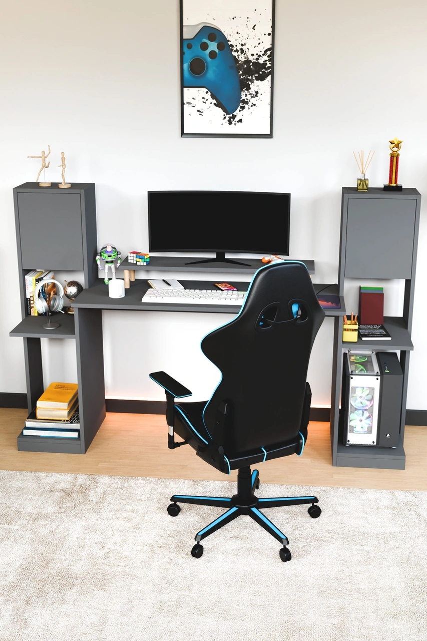 Throne Dolaplı, Kitaplıklı, Raflı Çalışma Masası, Bilgisayar Masası, Çocuk Çalışma Masası Antrasit Gri Antrasit