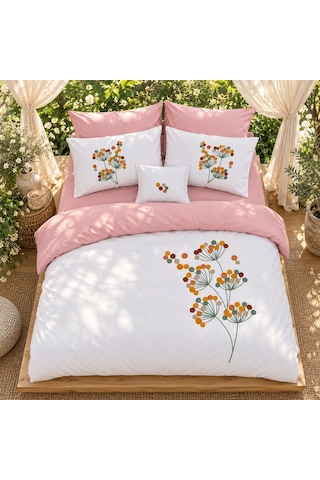 Azalea Nakışlı 7 Parça Çift Kişilik Nevresim Takımı Pudra-beyaz