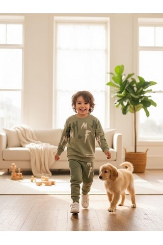 Zekids Erkek Çocuk Pamuklu Baskılı Eşofman Takım-16324 Yeşil