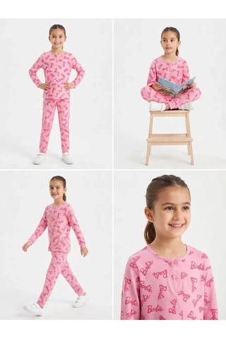 Veraura Lifestyle 6/14 Yaş Yazı Baskılı Pamuk Penye Çocuk Pijama Takımı Pembe