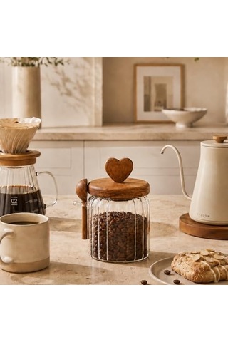 Akasya Kapaklı Cam Kavanoz 460 Ml Kaşıklı Hava Geçirmez Baharatlık Çay Kahve Şeker Saklama Kabı 7009