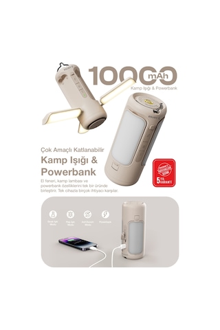 10.000 Mah Led Kamp Lambalı Powerbank Taşınabilir Aydınlatma Ve Hızlı Şarj Destekli Bej