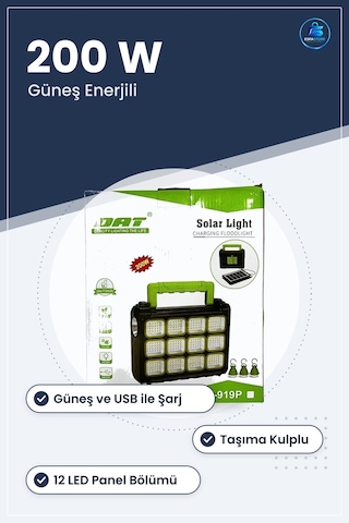 Solar Projektör 200 W Usb Şarjlı Güneş Enerjili Taşınabilir Led A