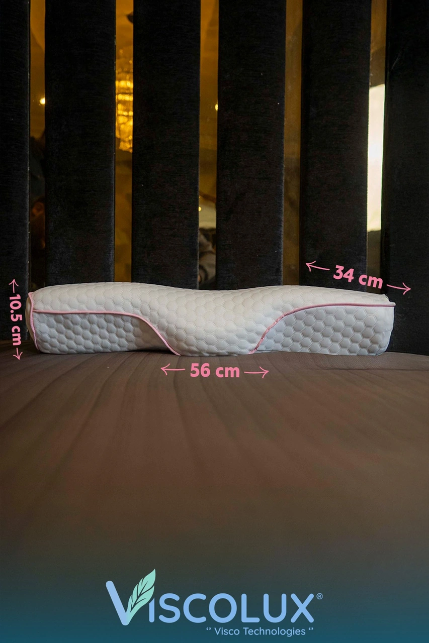 Servikal Boyun Destekli Ortopedik Yastık - Boyun Düzleşmesi Visco Yastık 56x34x10,5 Pembe