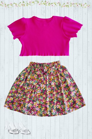 Etekli Crop Takım, Pamuklu Çiçekli Etek - Pamuklu Fuşya Crop Fuşya-çiçekli1 Fuşya