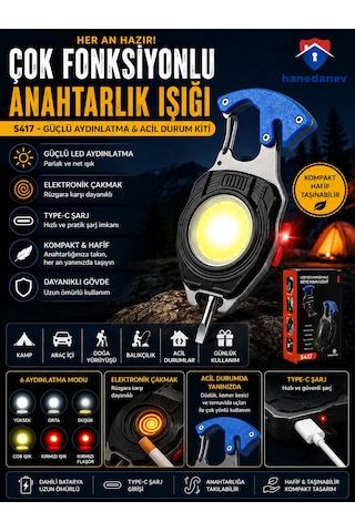 Şarjlı Kamp Feneri Anahtarlık El Feneri Elektronik Çakmak Type-c Şarj Acil Durum Kamp Ekipmanı 5417 Mavi