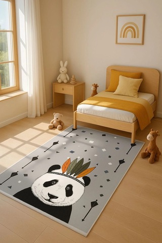 Bambu Sevimli Panda Çocuk Odası Halısı Dokuma Taban Dijital Baskı Gri