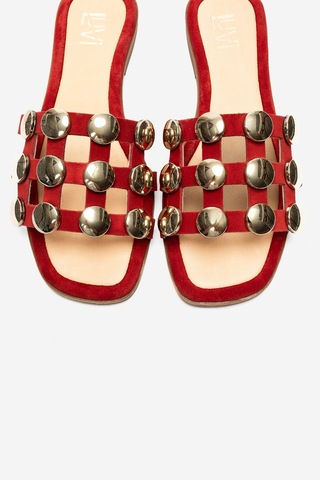 Luvi Shoes Bareon Kırmızı Süet Hakiki Deri Bantlı Altın Tokalı Kadın Terlik