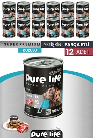 Purelife Plus 12'li Kuzulu Yetişkin Köpek Konserve Chunk Parça Etli Yaş Mama 400 G