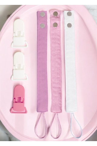 Joyous Mom Kids 3'lü Pamuk Müslin Bebek Emzik Askısı Plastik Klips Tutacaklı Açık Pembe - Gülkurusu