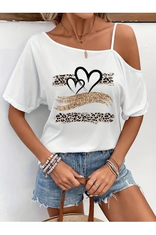 Kadın Tek Omuzu Açık Ip Askılı Baskılı Viskon Bluz Beyaz