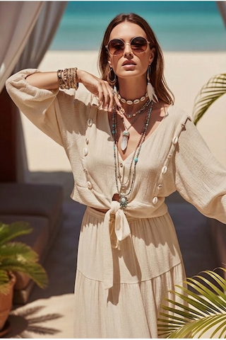 Fashion Cocktail Midye İstiridye Deniz Kabuğu V-yaka Bağlamalı Crop Dizaltı Lastikli Etek Bluz Sahil 2li Bohem Takım Açık Bej