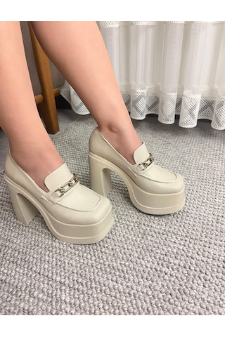 Asmi Shoes Kadın Mila Bej Kare Toka Loafer Model 12 Cm Platform Topuklu Ayakkabı
