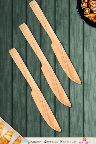 Zeytin Ağacı Ahşap Tahta Bal Reçel Kaşığı Kahvaltı Çatalı Kahvaltı Bıçağı Ynzyt-301 Kahverengi