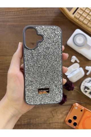 Samsung A07 Uyumlu Kadife İç Yüzey Tasarımlı Taşlı Işıltılı Parlak Pırlanta Kılıf Dia Plus Gri