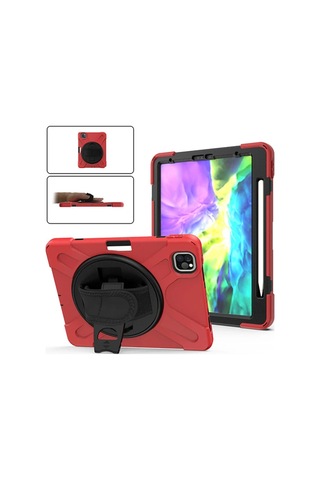 Apple Uyumlu iPad Pro11 2021-2020-2018 Kılıf Shockproof 3 Katmanlı Standlı Zırh Kılıf Ka - Hs08375211-4 Kırmızı Arka Kapak