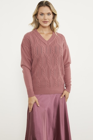 V Yaka Motifli Triko Kazak - Gül 001