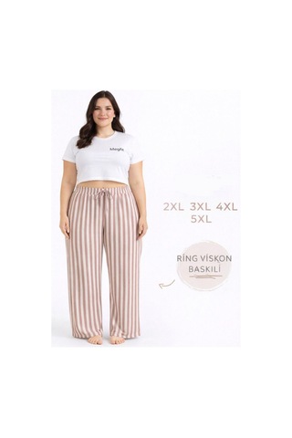 Viskon Pamuklu Kadın Büyük Beden Gül Kurusu Çizgili Pijama Pantolon - Mgb003 - Mudanis