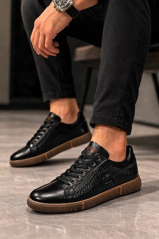 Hakiki Deri Ayakkabı Erkek Sneaker Konforlu Kaymaz Silikon Taban Siyah Siyah