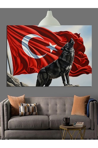 Türk Bayrağı Kurt Figürü Dekoratif Kanvas - Mdf Ahşap Tablo