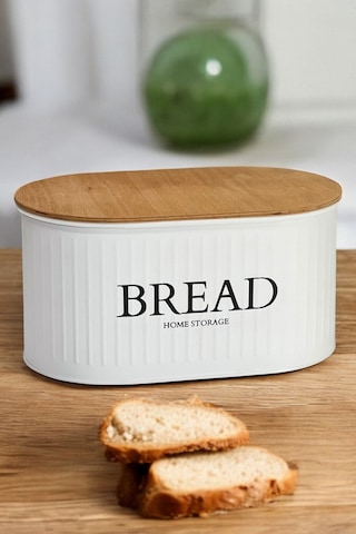 Ahşap Kapaklı Metal Ekmeklik Beyaz Modern Tasarım Beyaz