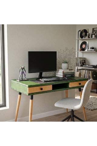 Mobenta Modest Desk: Masif Çalışma & Laptop Masası 2 Çekmece 1 Bölme - 120x60 Ye-tk Yeşil-ahşap