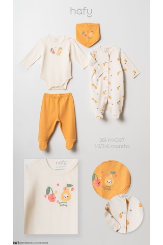 Hafy Baby 4 Parça, Meyve Desenli, Yenidoğan Kız Bebek Hastane Çıkışı Seti Ekru
