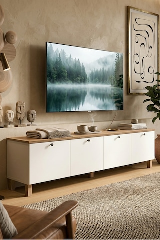 Yurudesign Nord Tv Ünitesi Orta Sehpa Konsol Kitaplık 4'lü Set Ahşap Ayaklı Sepet-beyaz Nd22-sw