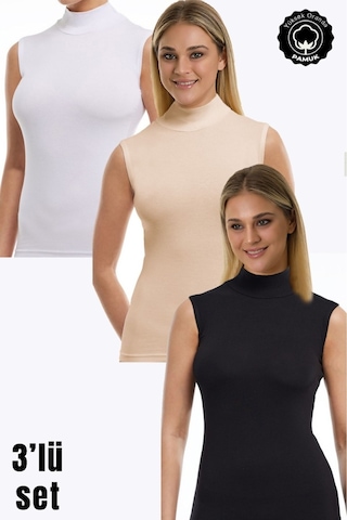 Parlingerie Kadın Sıfır Kol Boğazlı Body 3lü Set Siyah - Beyaz - Ten