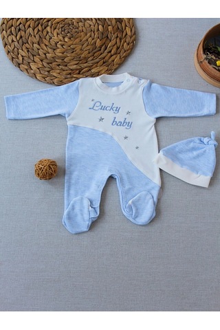 Veraura Lifestyle 0-3 3-6 Ay Lucky Baby Nakışlı Es Çizgi Boy Şapkalı Erkek Bebek Tulumu Mavi